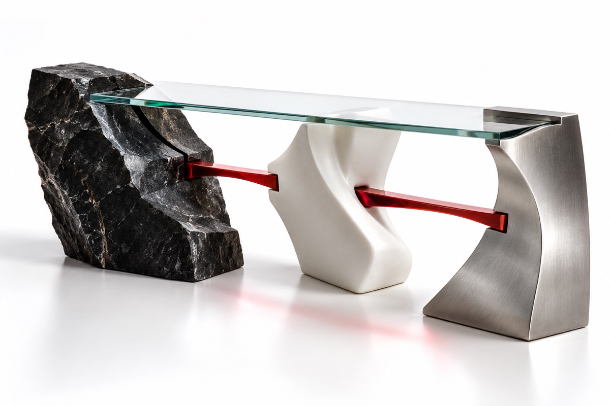 A sculpture joining rough stone, marble and steel beneath a single glass surface — distinct materials held in one form.